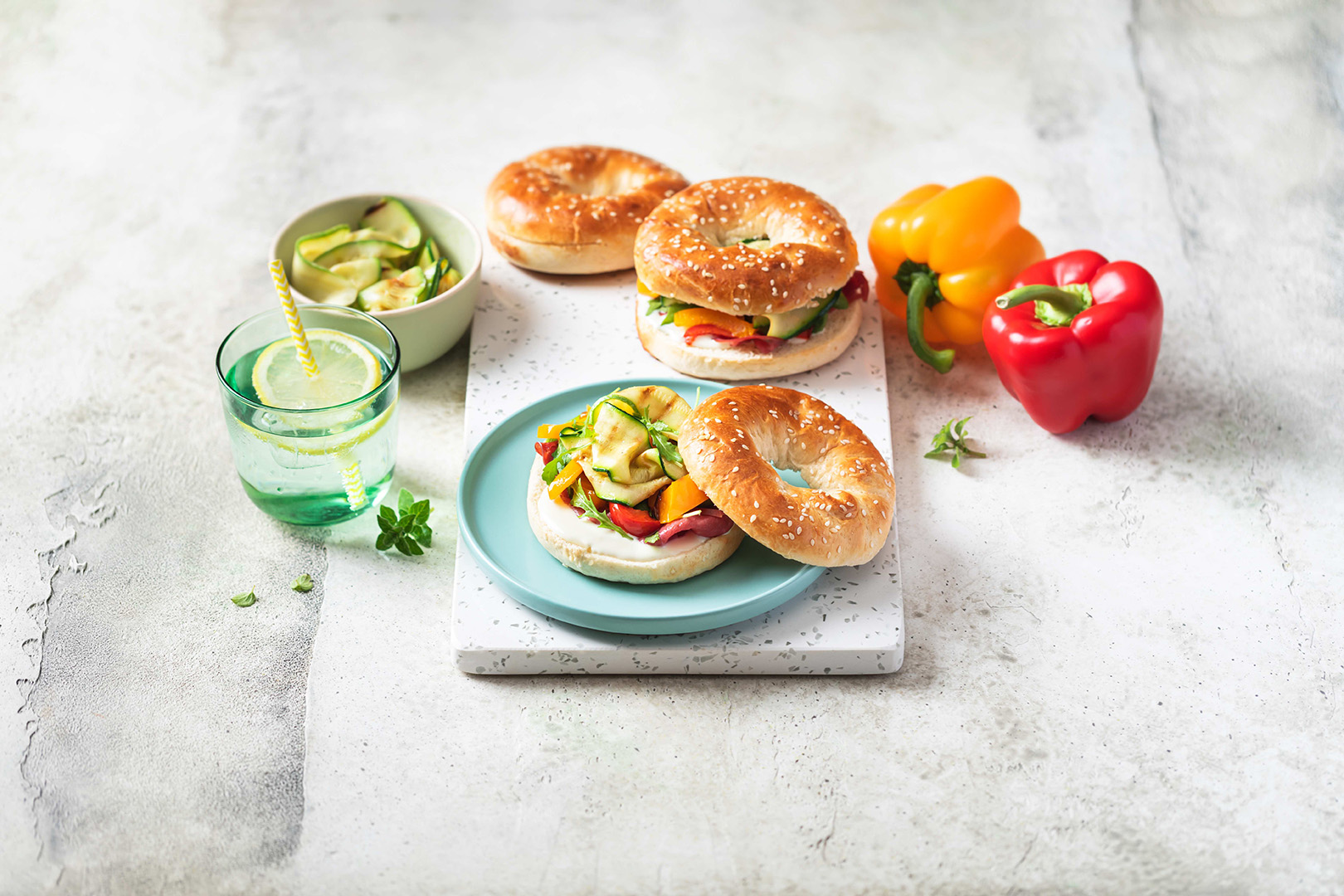 Bagels with char-grilled vegetables and Smoked Cancoillotte